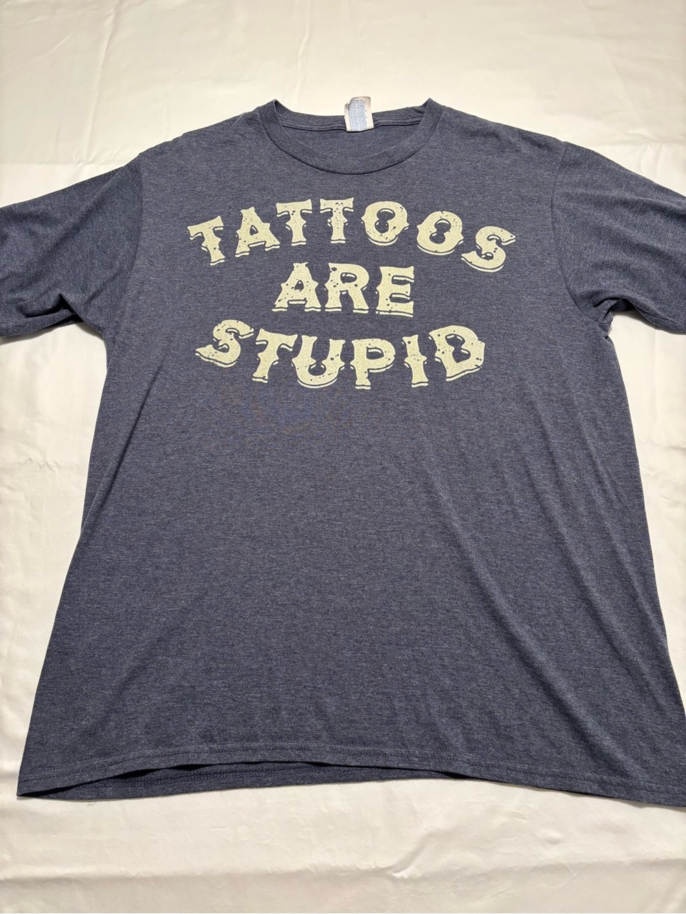 Men's Graphic Crew Neck T-Shirt - “Tattoos are Stupid” - Navy with Cream Print